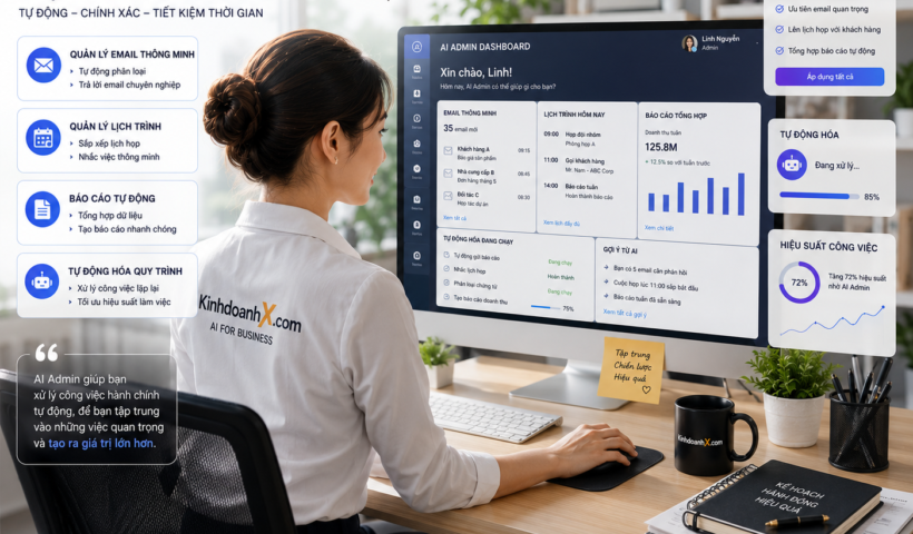 Nhân viên văn phòng sử dụng AI Admin để tự động hóa tác vụ hành chính trên máy tính với giao diện thông minh