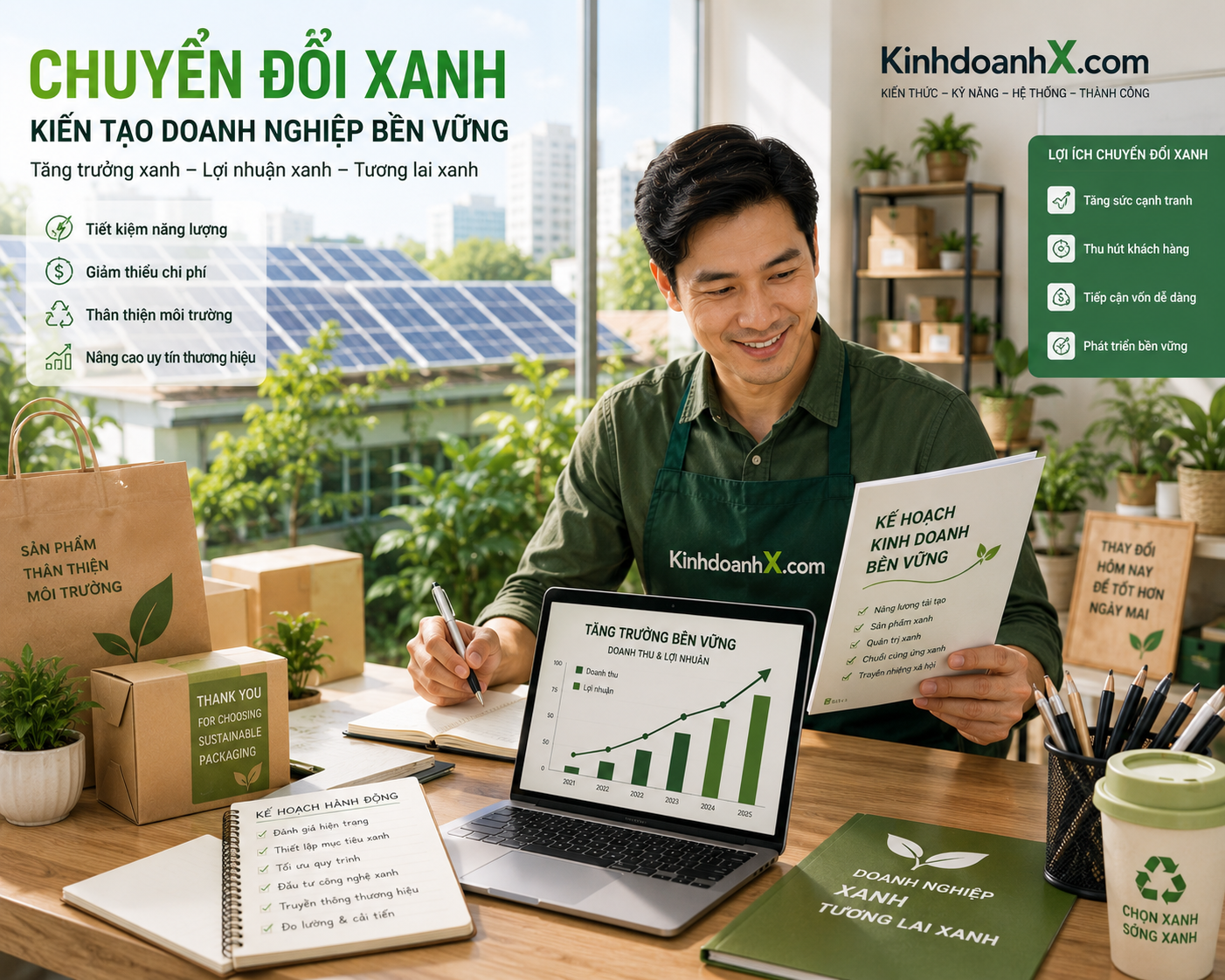 Chủ doanh nghiệp SME nghiên cứu tài liệu chuyển đổi xanh và phát triển bền vững với biểu đồ tăng trưởng xanh trên màn hình