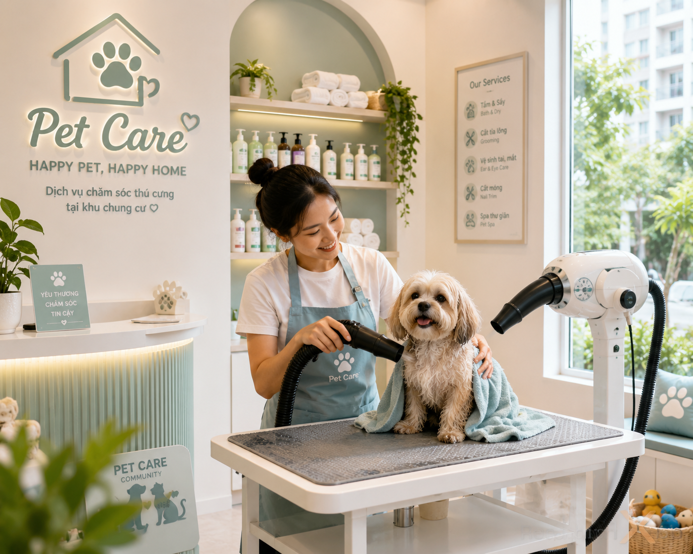 Dịch vụ chăm sóc thú cưng tại khu chung cư với tắm sấy và cắt tỉa lông chó mèo chuyên nghiệp