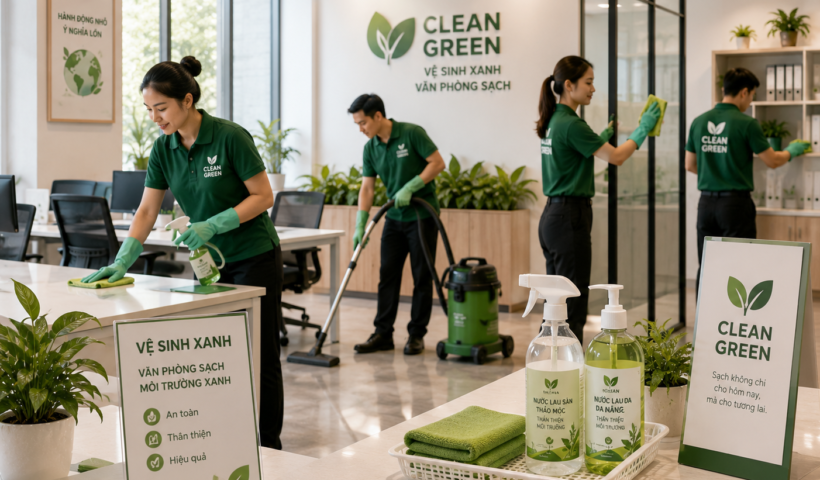 Nhân viên vệ sinh xanh dọn dẹp văn phòng với sản phẩm thân thiện môi trường và thiết bị sạch sẽ chuyên nghiệp