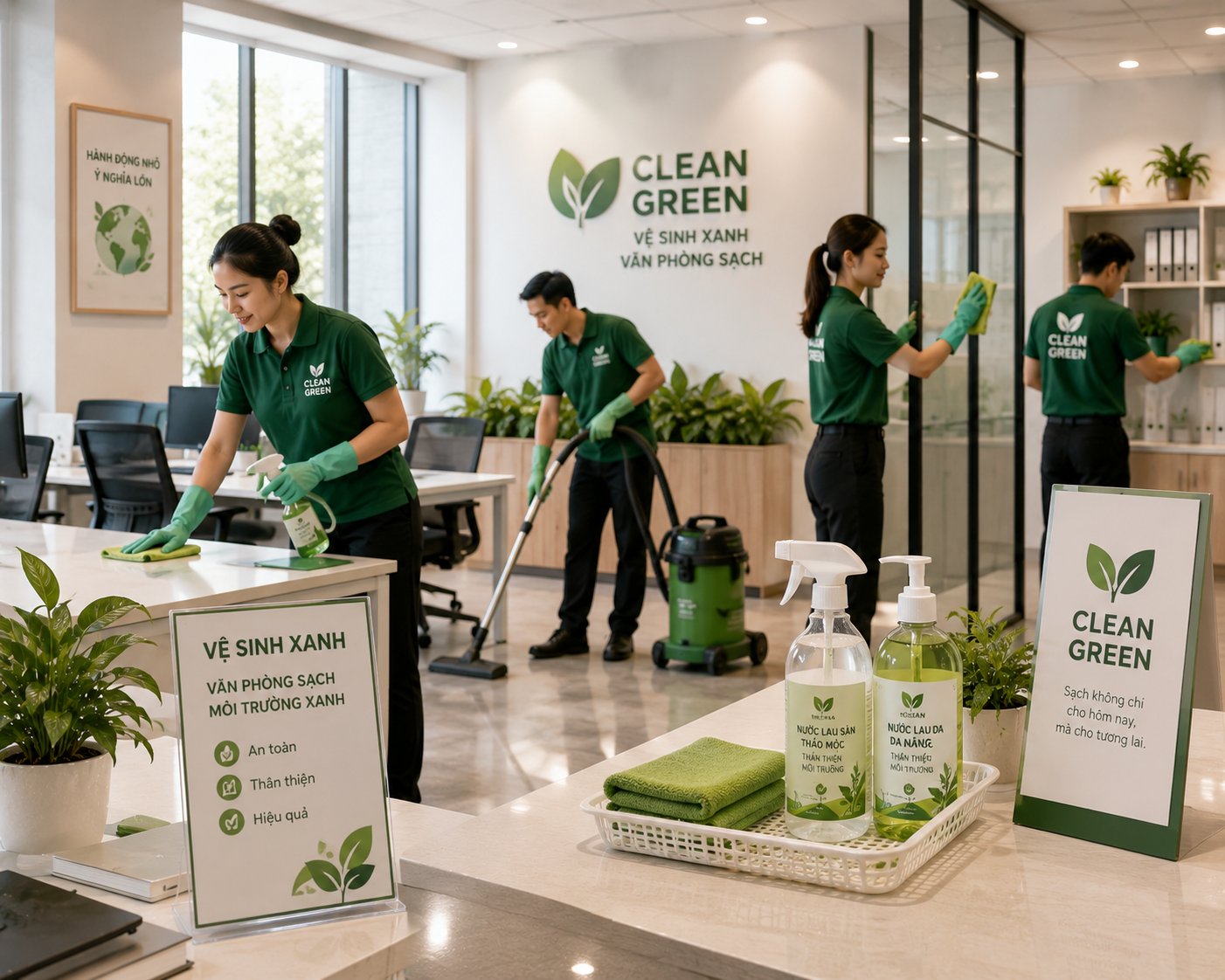Nhân viên vệ sinh xanh dọn dẹp văn phòng với sản phẩm thân thiện môi trường và thiết bị sạch sẽ chuyên nghiệp