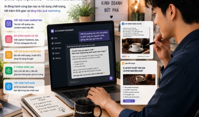 Người dùng máy tính viết nội dung marketing với sự hỗ trợ của AI chatbot hiển thị nhiều loại nội dung bán hàng trên màn hình