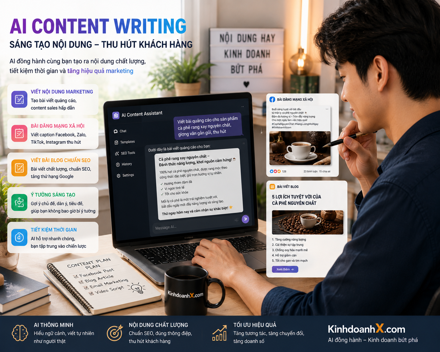 Người dùng máy tính viết nội dung marketing với sự hỗ trợ của AI chatbot hiển thị nhiều loại nội dung bán hàng trên màn hình