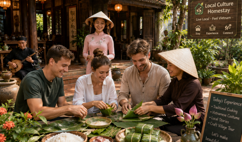 Khách du lịch trải nghiệm văn hóa địa phương tại homestay với chủ nhà và các hoạt động thủ công truyền thống