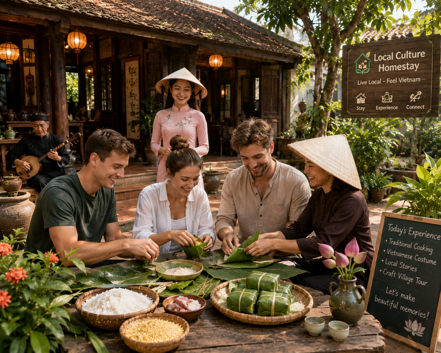 Khách du lịch trải nghiệm văn hóa địa phương tại homestay với chủ nhà và các hoạt động thủ công truyền thống
