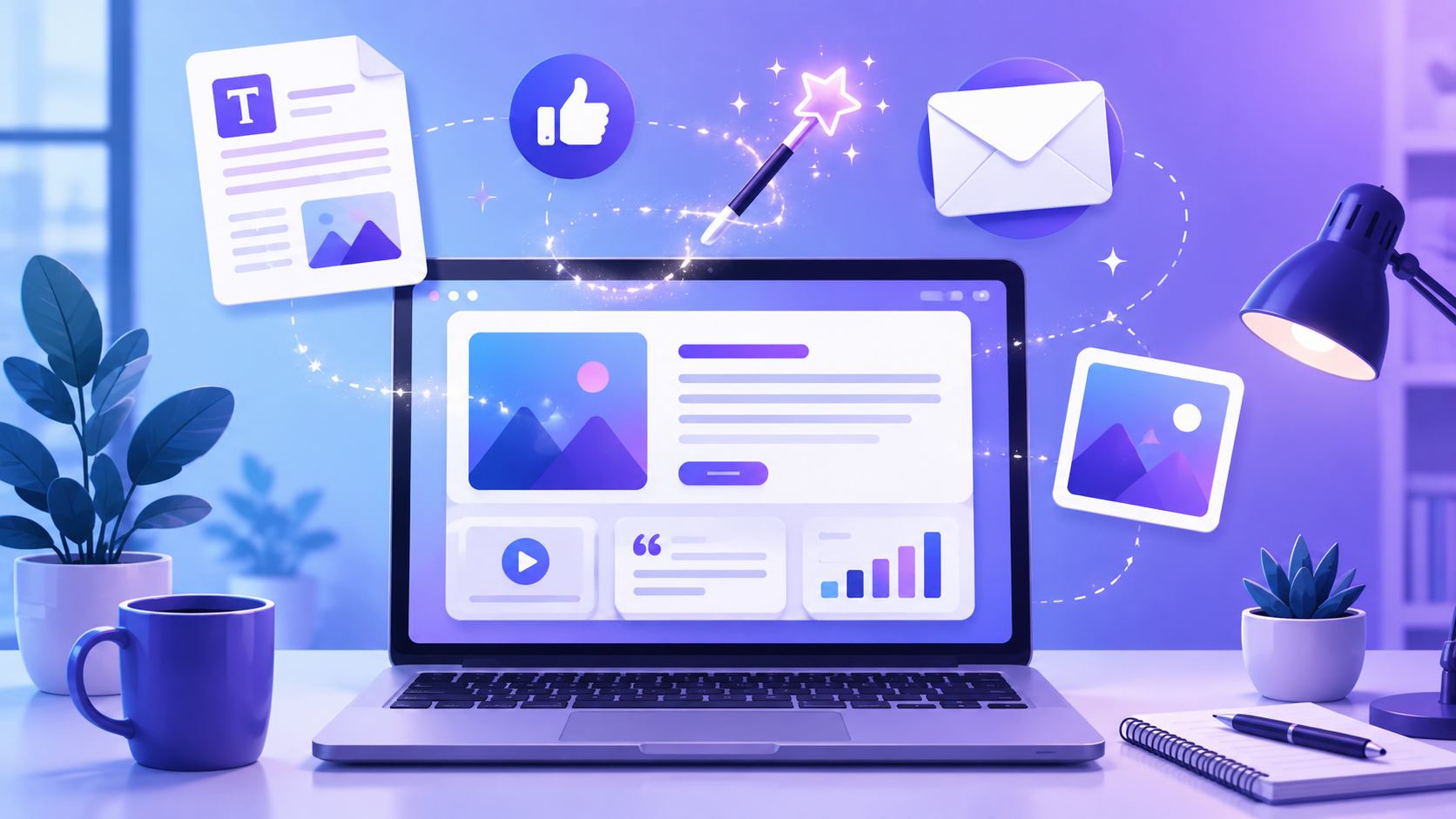 Minh họa công cụ AI tạo content marketing trên laptop