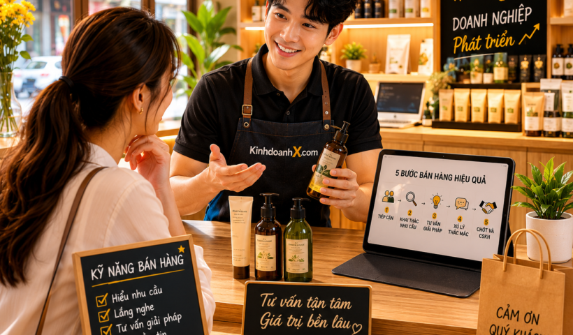 Chủ hộ kinh doanh tư vấn nhiệt tình cho khách hàng tại cửa hàng với kỹ năng bán hàng chuyên nghiệp