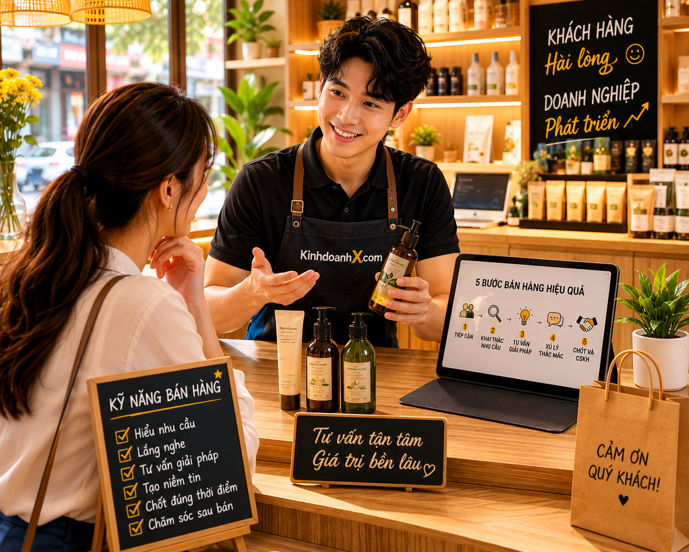 Chủ hộ kinh doanh tư vấn nhiệt tình cho khách hàng tại cửa hàng với kỹ năng bán hàng chuyên nghiệp