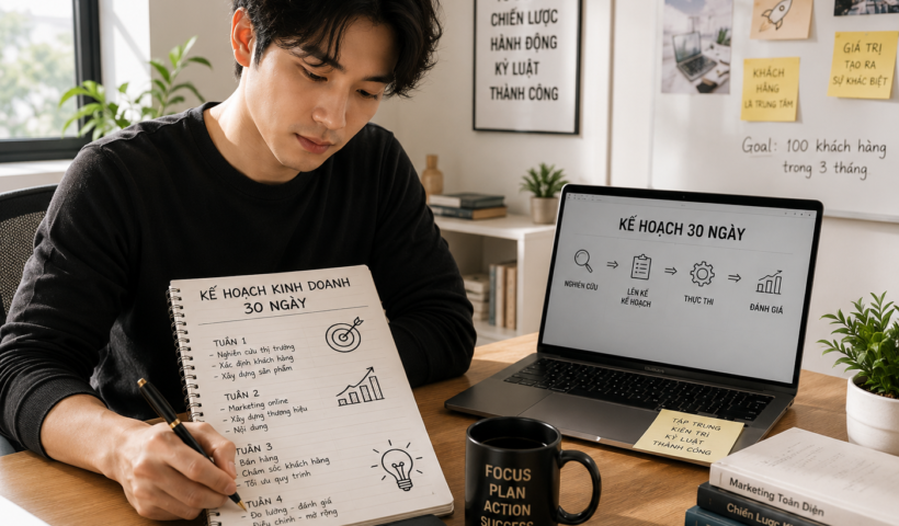 Người khởi nghiệp trẻ ngồi lập kế hoạch kinh doanh 30 ngày với sổ tay và laptop trong không gian làm việc sáng sủa