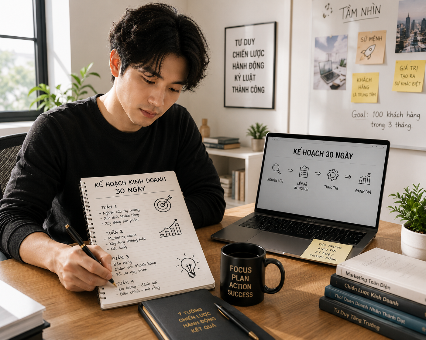 Người khởi nghiệp trẻ ngồi lập kế hoạch kinh doanh 30 ngày với sổ tay và laptop trong không gian làm việc sáng sủa