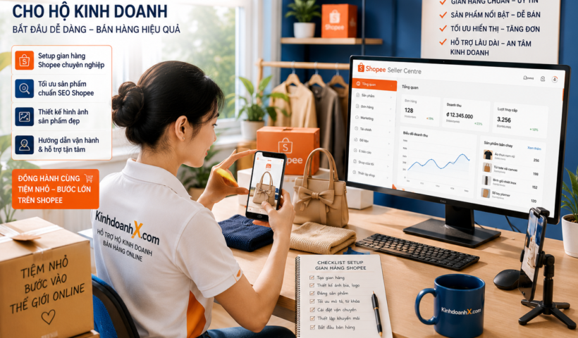 Chủ doanh nghiệp nhỏ quản lý chiến lược marketing trên mạng xã hội với điện thoại và laptop trong không gian sáng tạo