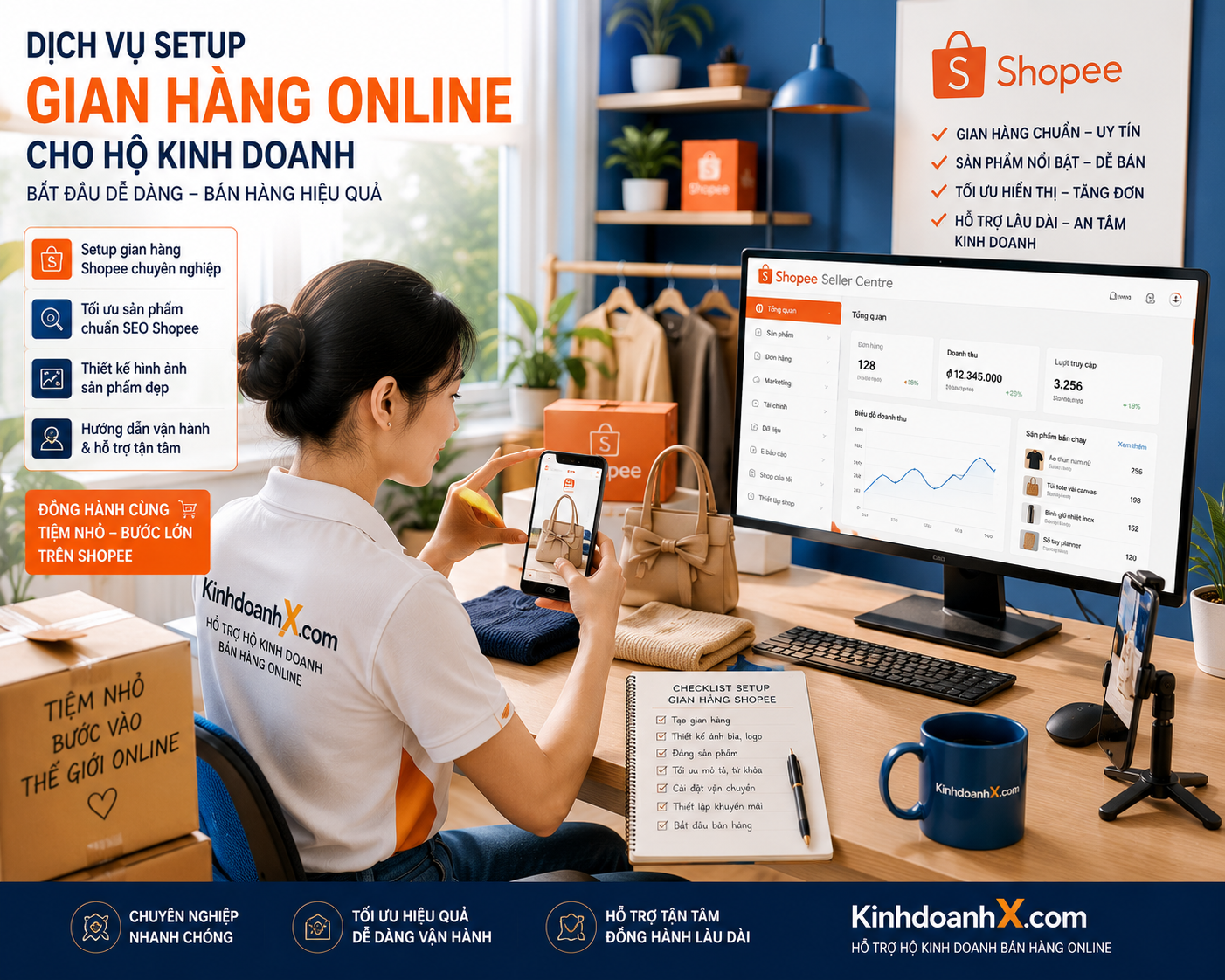 Chủ doanh nghiệp nhỏ quản lý chiến lược marketing trên mạng xã hội với điện thoại và laptop trong không gian sáng tạo