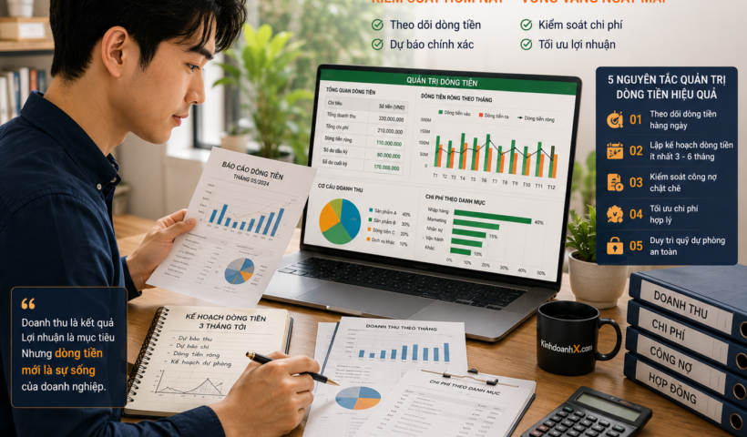 Chủ hộ kinh doanh phân tích dòng tiền trên bảng tính với biểu đồ thu chi và sổ sách tài chính rõ ràng