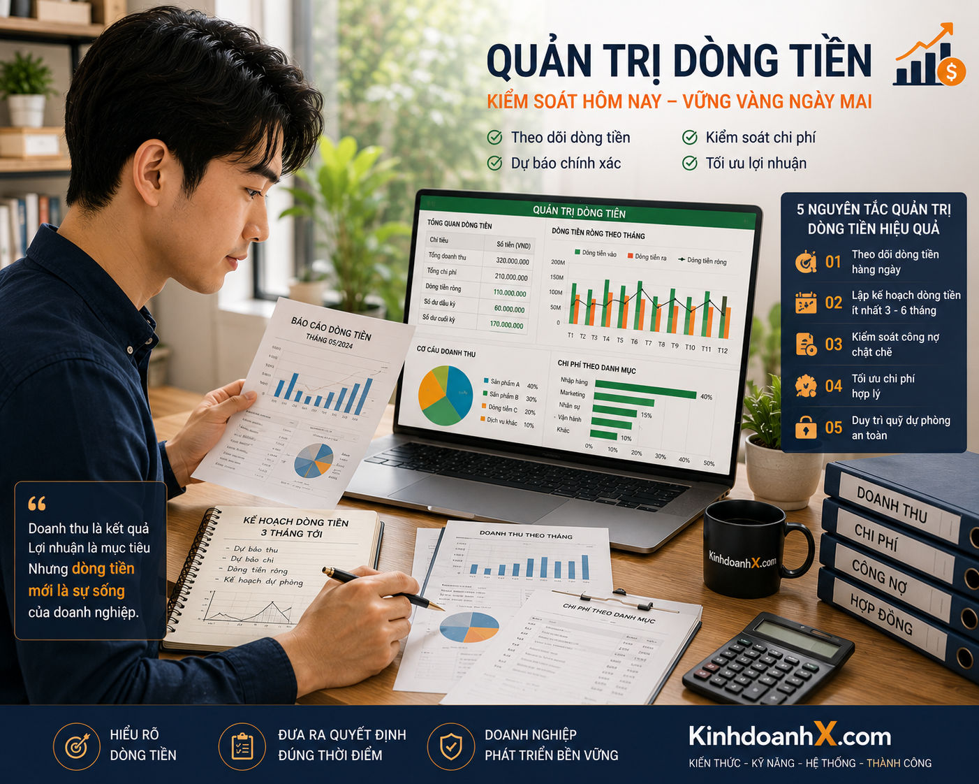 Chủ hộ kinh doanh phân tích dòng tiền trên bảng tính với biểu đồ thu chi và sổ sách tài chính rõ ràng