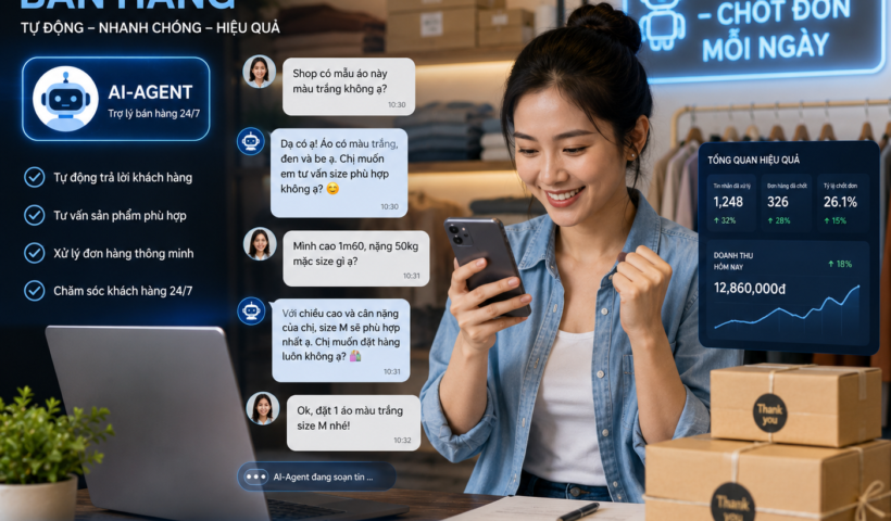 Chủ hộ kinh doanh sử dụng AI chatbot tự động trả lời khách hàng trên điện thoại với giao diện thân thiện