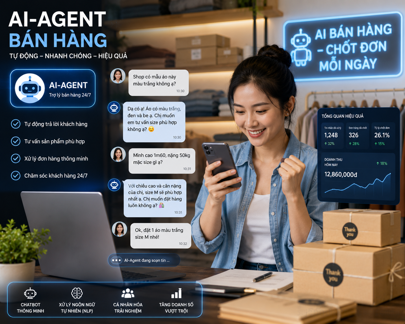 Chủ hộ kinh doanh sử dụng AI chatbot tự động trả lời khách hàng trên điện thoại với giao diện thân thiện