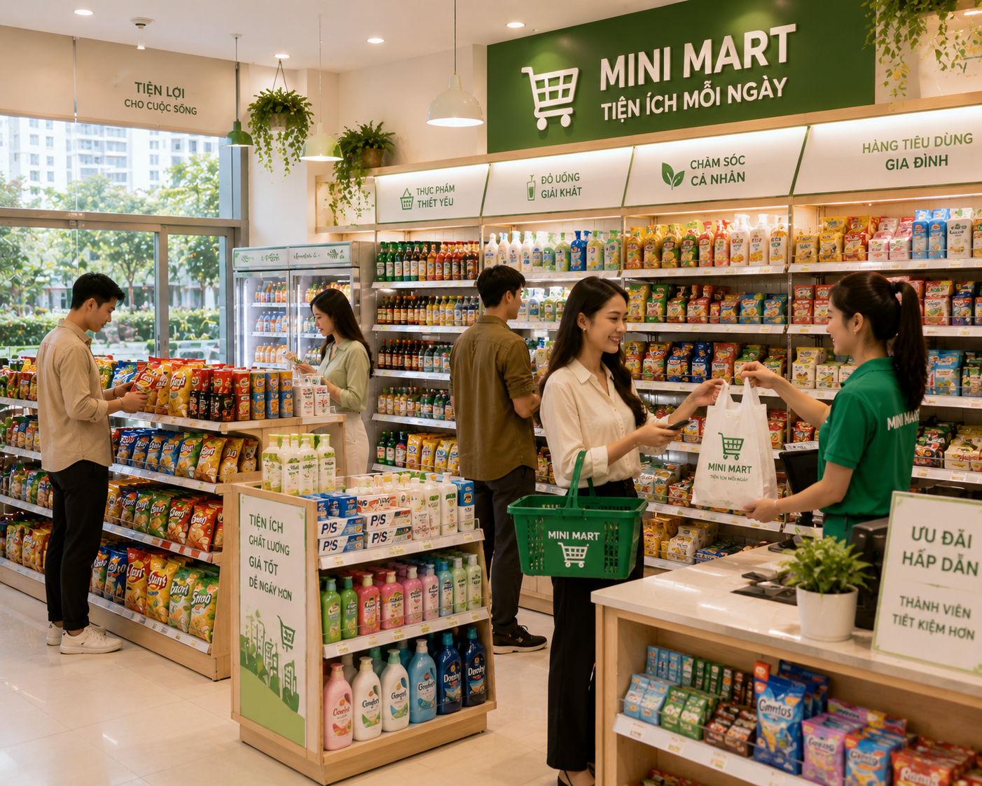 Cửa hàng tiện ích mini sạch sẽ hiện đại trong khu dân cư với kệ hàng đầy đủ và nhân viên phục vụ thân thiện