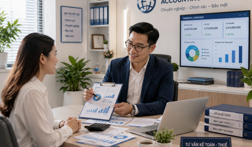 Chuyên gia kế toán chuyên nghiệp làm việc với báo cáo tài chính và phần mềm kế toán cho doanh nghiệp nhỏ
