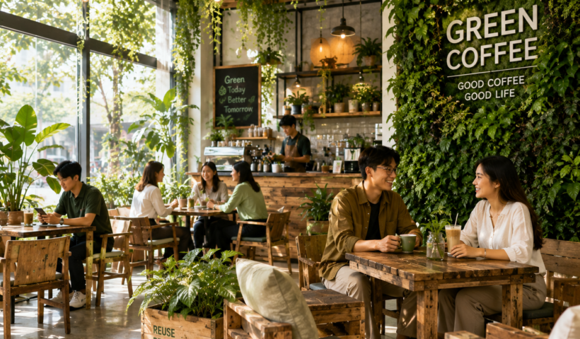 Quán cà phê xanh với tường cây sống bàn ghế gỗ tái chế và không gian thiên nhiên yên tĩnh giữa đô thị