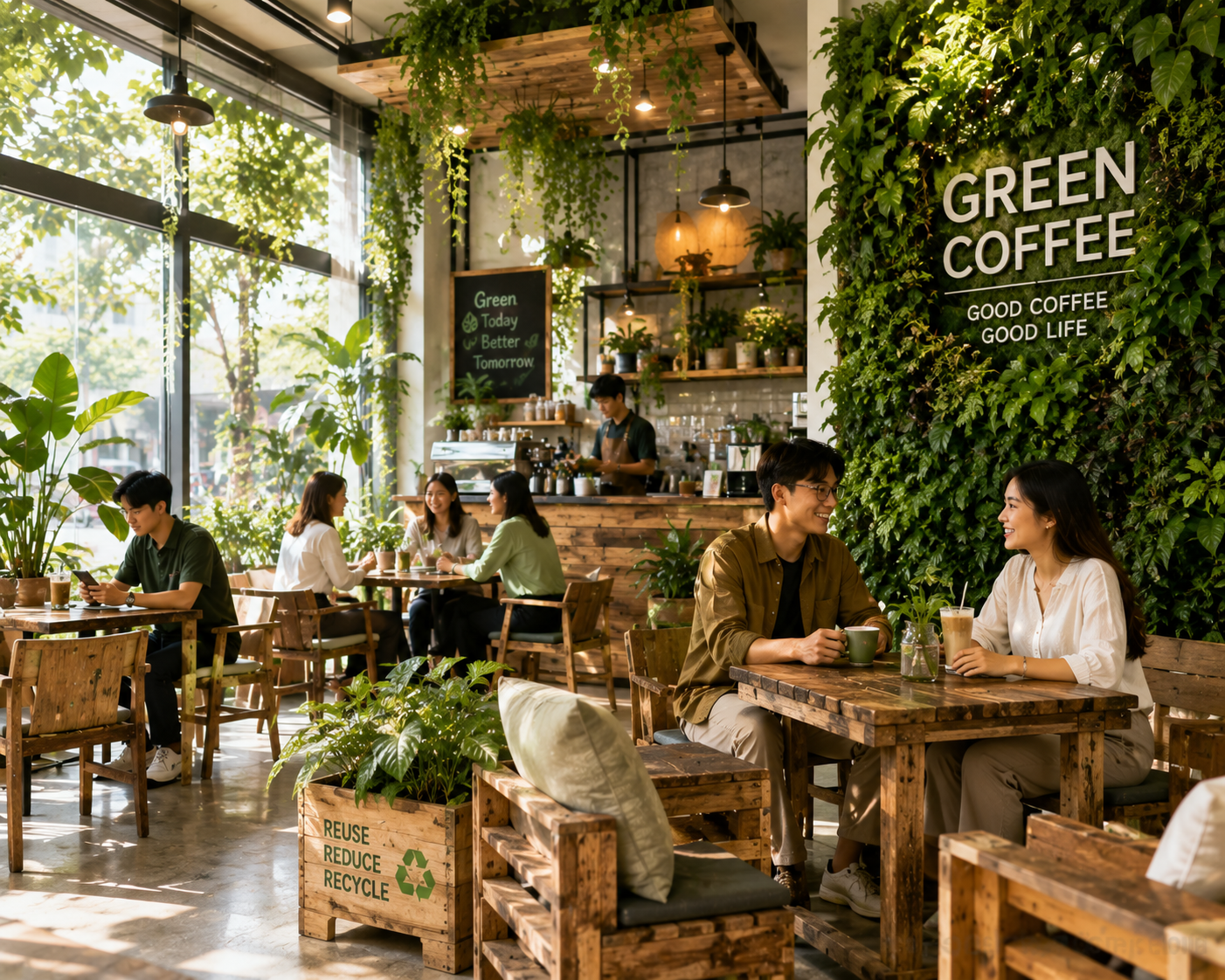 Quán cà phê xanh với tường cây sống bàn ghế gỗ tái chế và không gian thiên nhiên yên tĩnh giữa đô thị