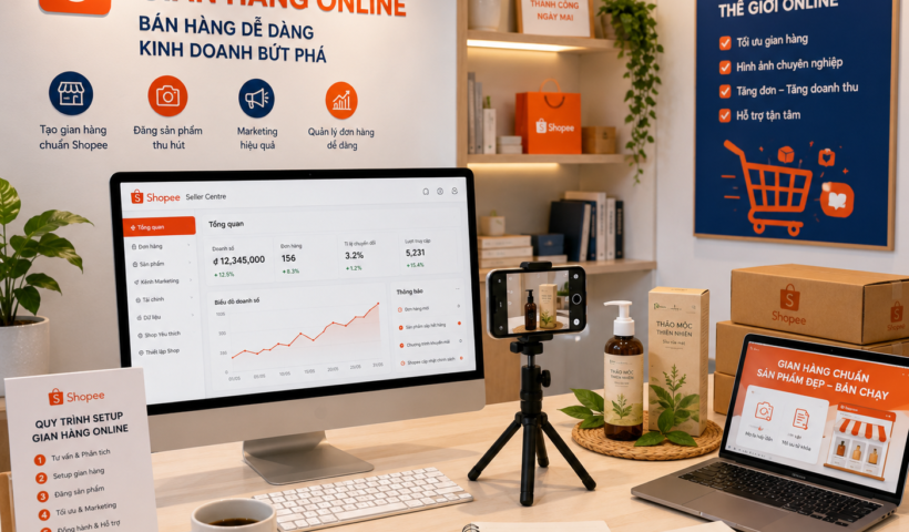 Dịch vụ setup gian hàng online cho hộ kinh doanh trên Shopee TikTok và Facebook với máy tính và điện thoại
