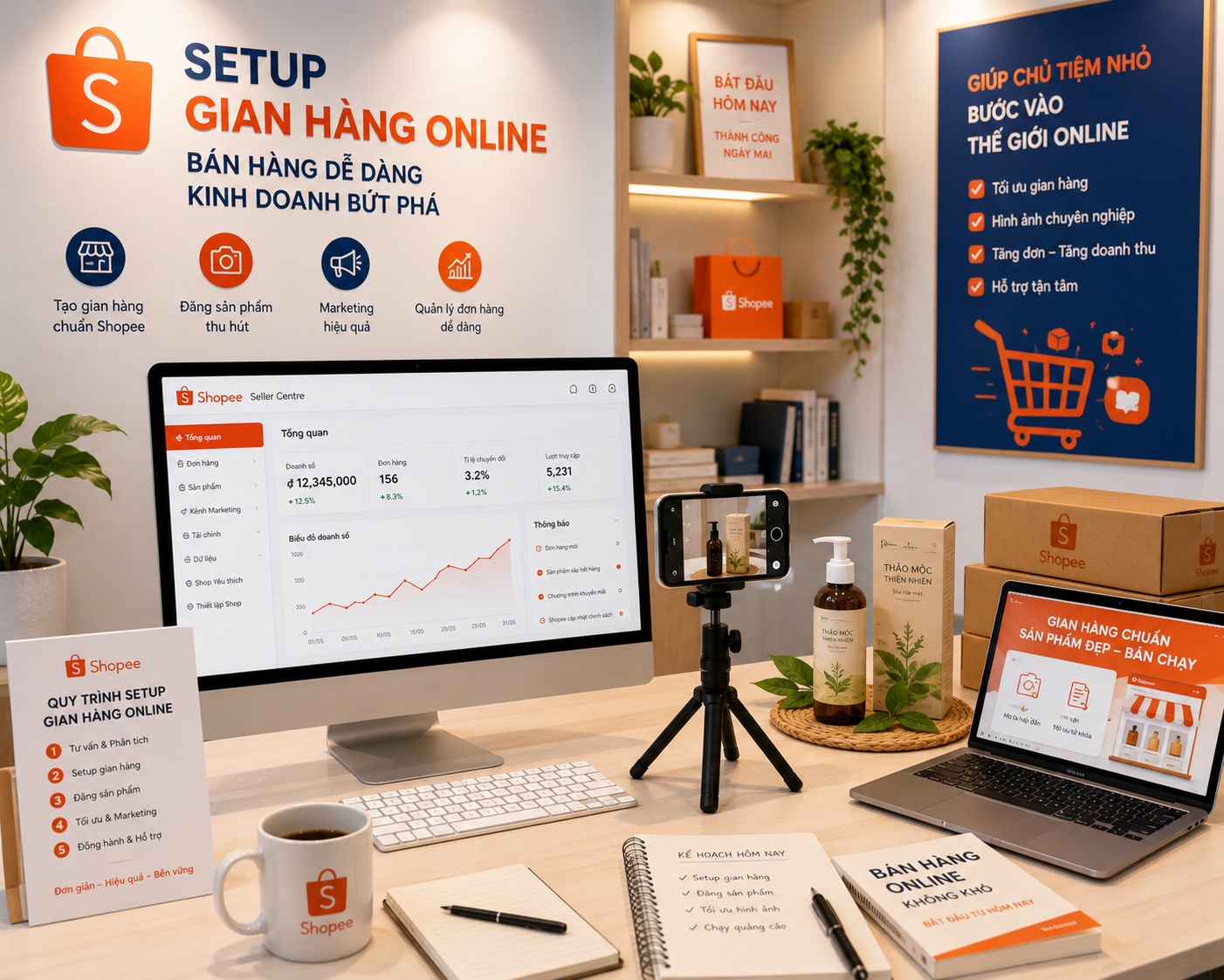 Dịch vụ setup gian hàng online cho hộ kinh doanh trên Shopee TikTok và Facebook với máy tính và điện thoại