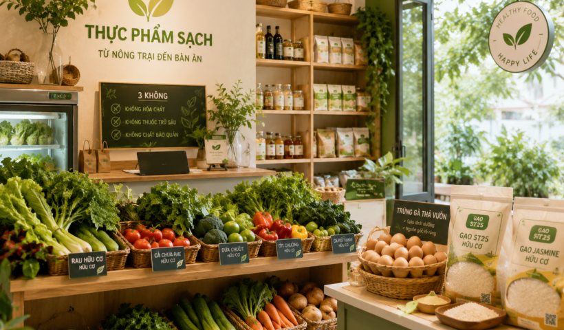 Cửa hàng thực phẩm sạch quy mô nhỏ với rau củ hữu cơ tươi và sản phẩm nông sản sạch cho hộ gia đình