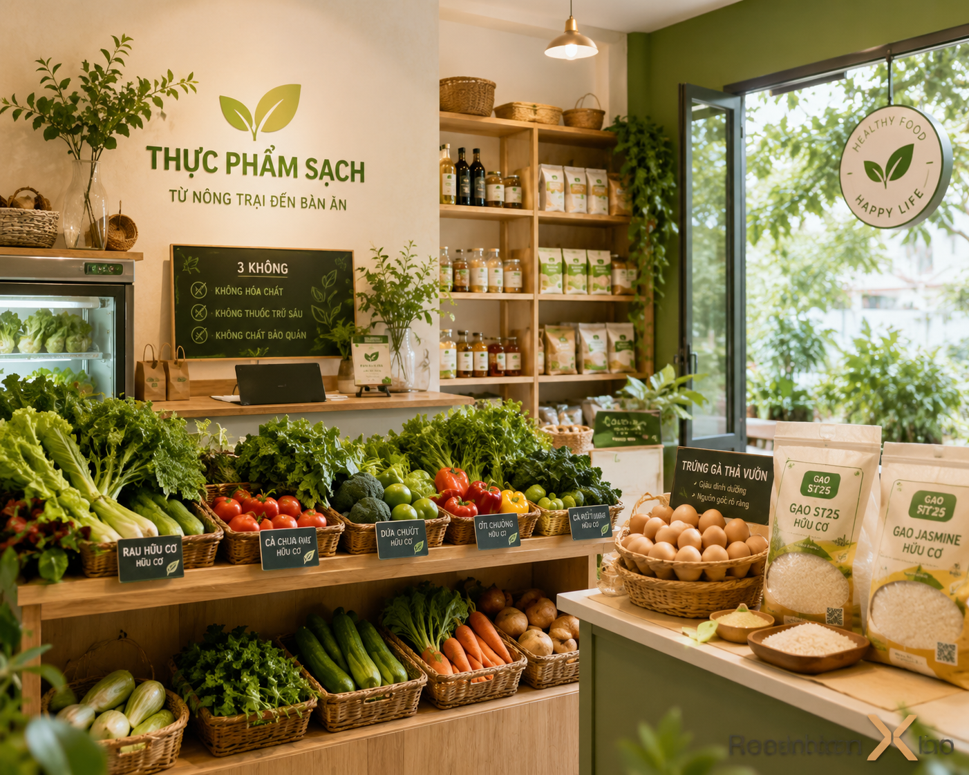 Cửa hàng thực phẩm sạch quy mô nhỏ với rau củ hữu cơ tươi và sản phẩm nông sản sạch cho hộ gia đình