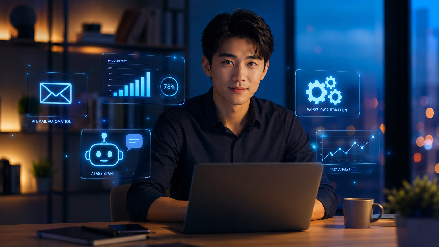 Ung dung AI trong kinh doanh tu dong: nguoi tre khoi nghiep voi laptop va icon AI