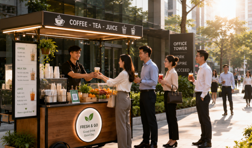 Xe đồ uống lưu động phục vụ dân văn phòng với cà phê trà sữa và nước ép tại khu tòa nhà văn phòng