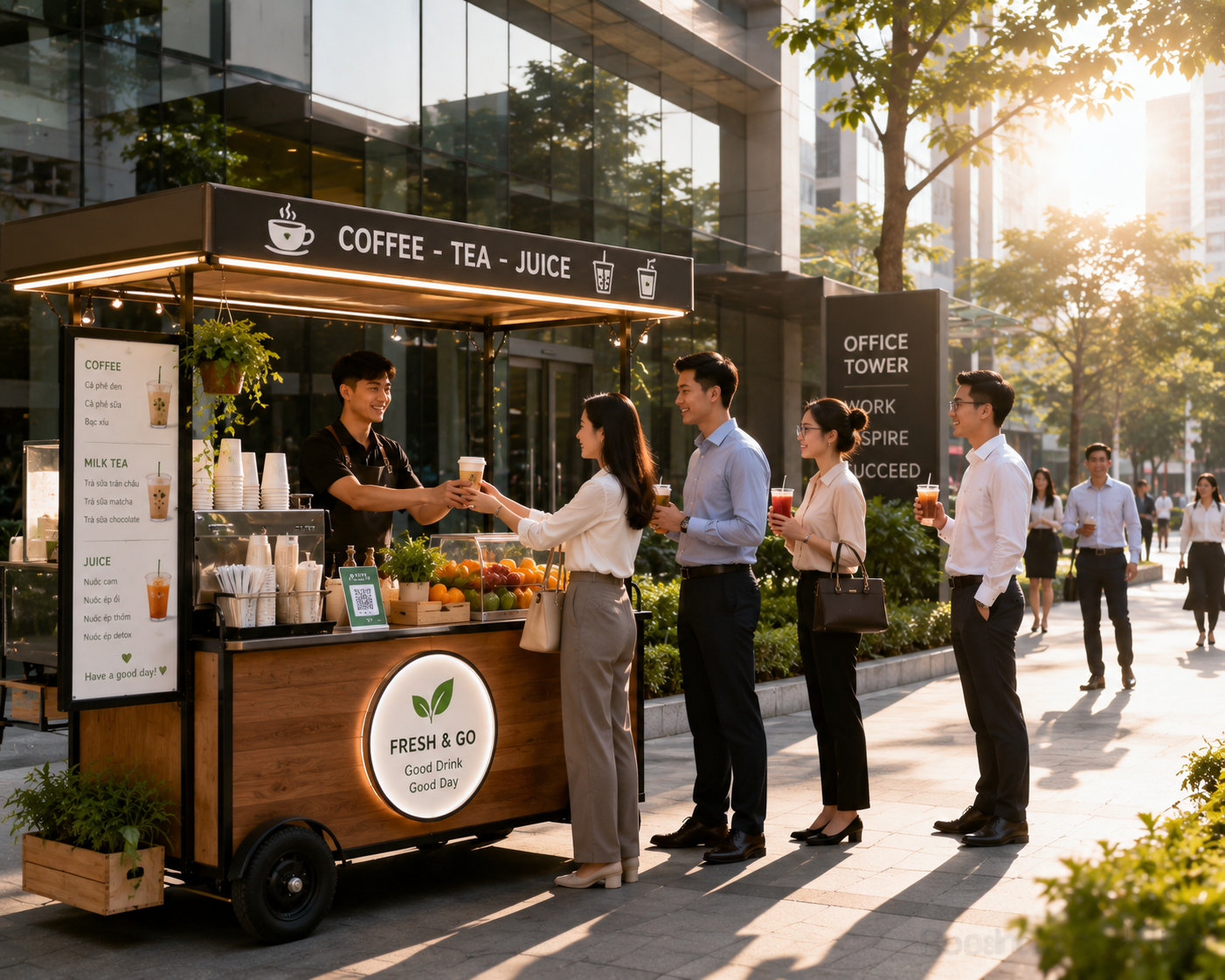 Xe đồ uống lưu động phục vụ dân văn phòng với cà phê trà sữa và nước ép tại khu tòa nhà văn phòng